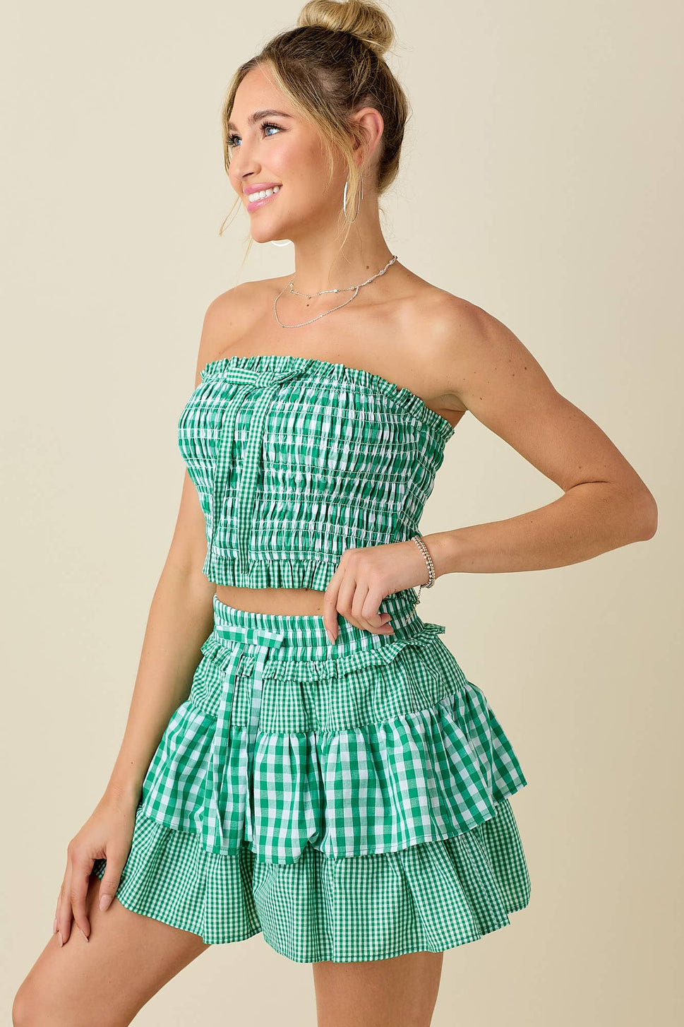 Mixed gingham tube top with ruffle short set