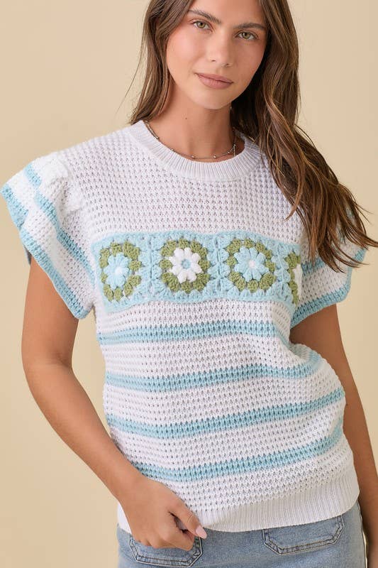 Crochet Flower Stripe Short Sleeve Knit Top Ready to Ship
