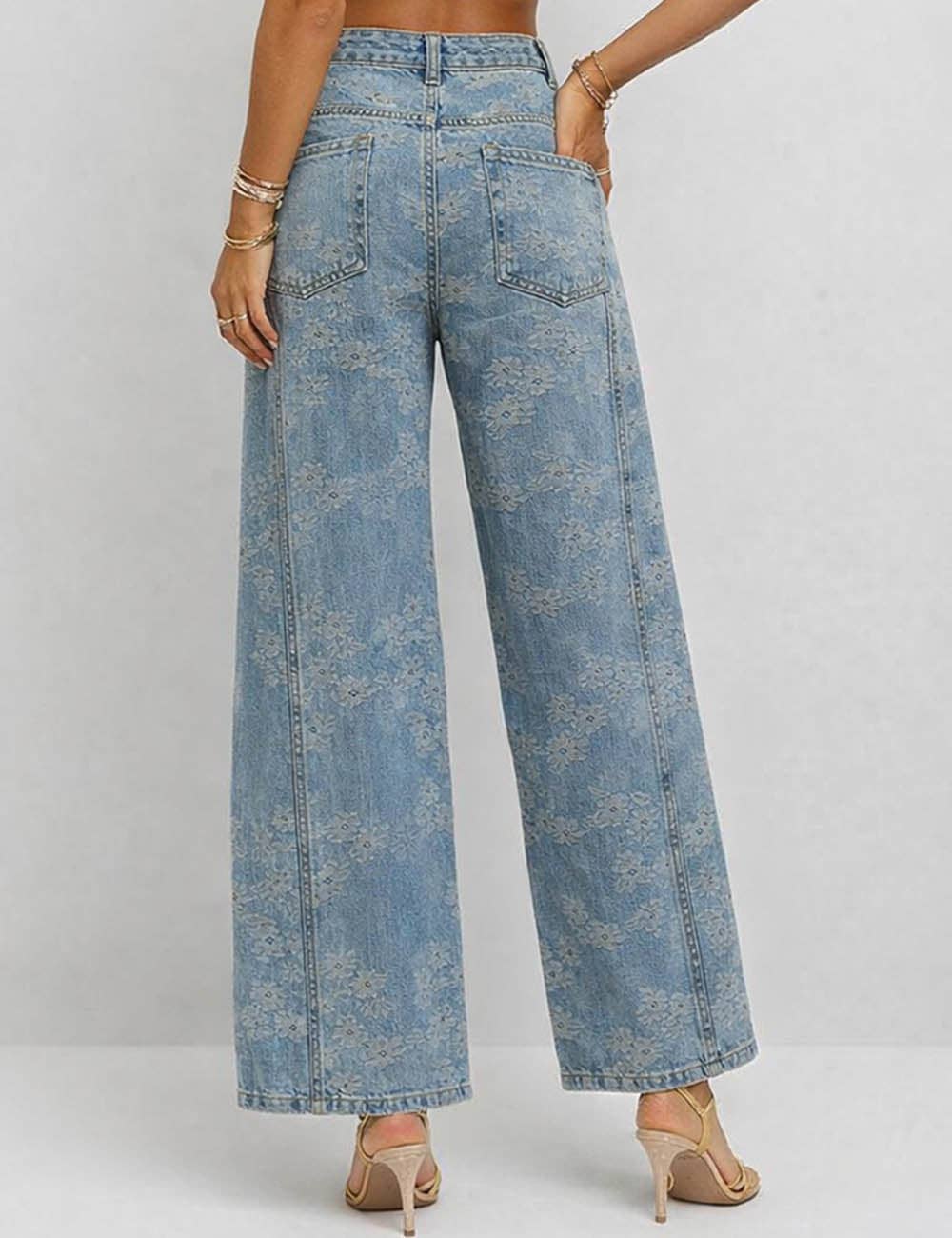 Ladies Floral Jacquard Button Pocket Wide Leg Denim Pants