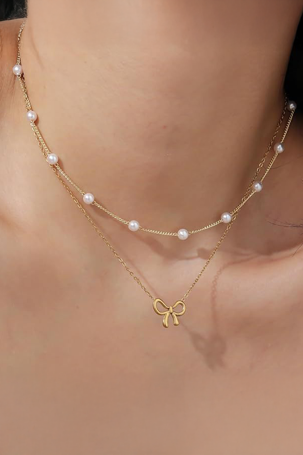 Bow Pendant Pearl Beads Double Layer Necklace: Gold / ONE SIZE