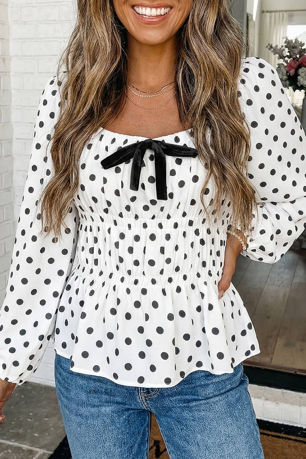 Polka Dot Puff Sleeve Bow Square Neck Peplum Top