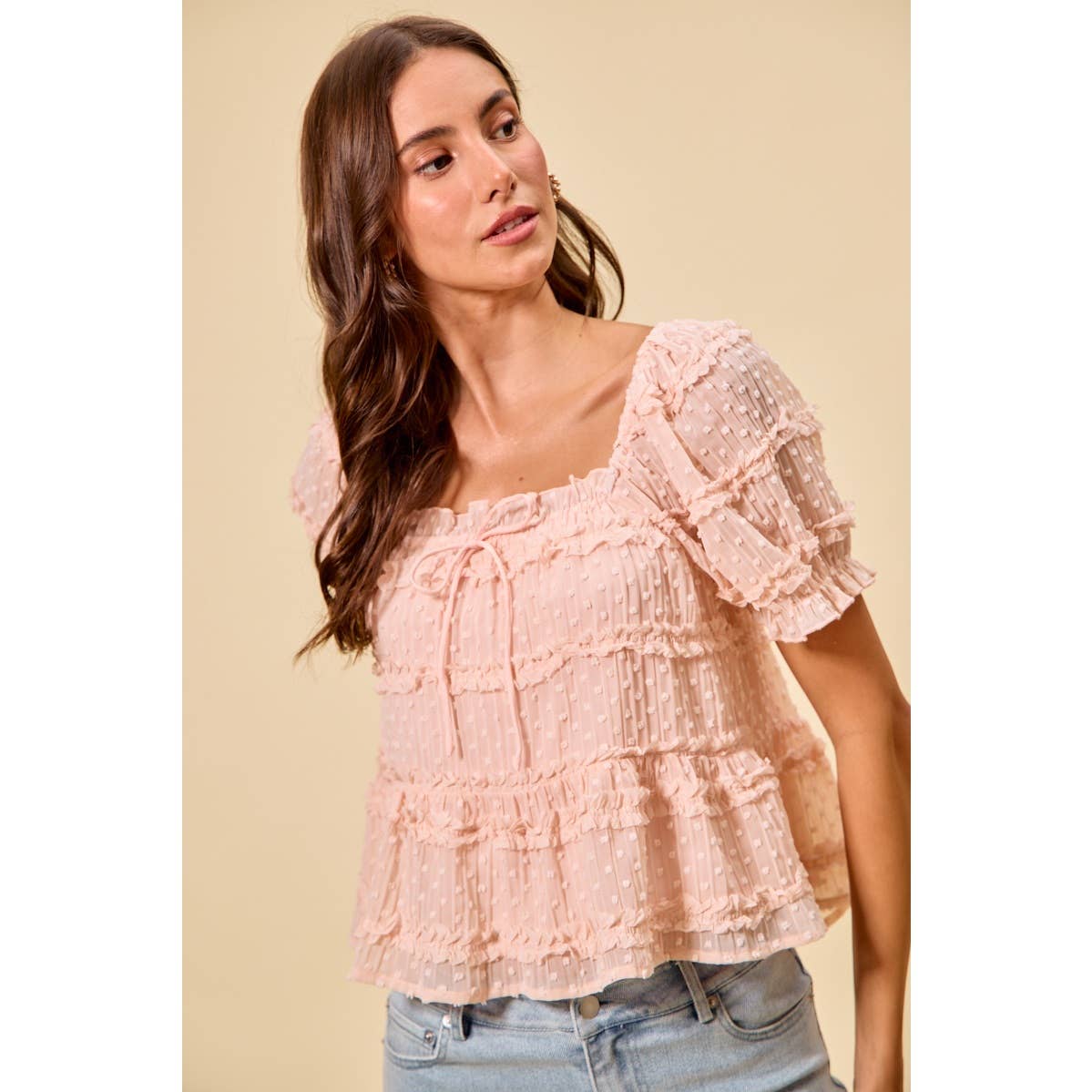 TEXTURED CLIP DOT RUFFLE SHORT SLEEVES BLOUSE TOP