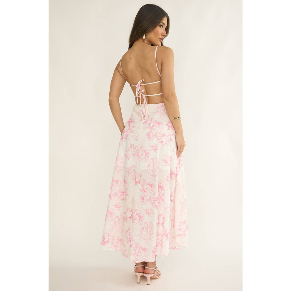 PINK RUCHED FLORAL MAXI DRESS