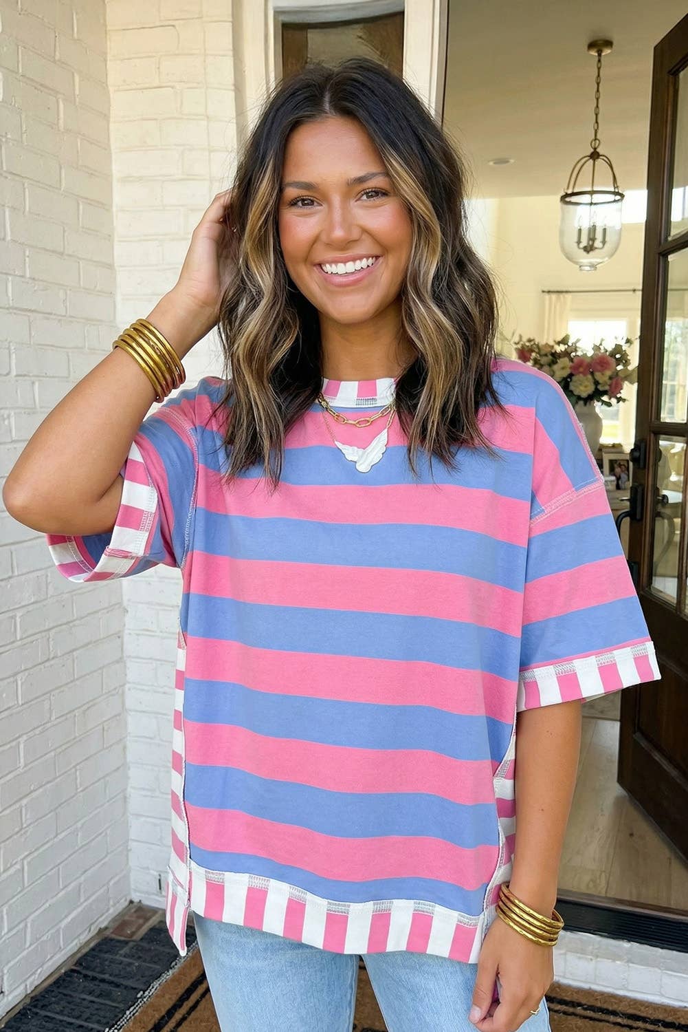 LAS Stripe Exposed Seam Patchwork Top