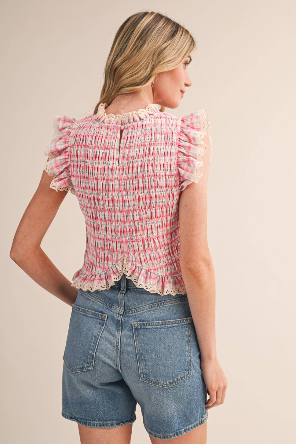 *Pink Plaid Smocked Lace Trim Top