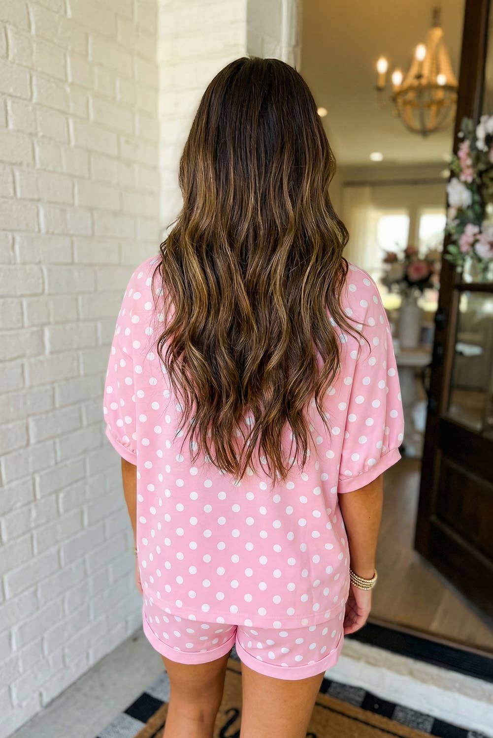 LAS-LIVE Polka Dot Print Top Drawstring Shorts Set