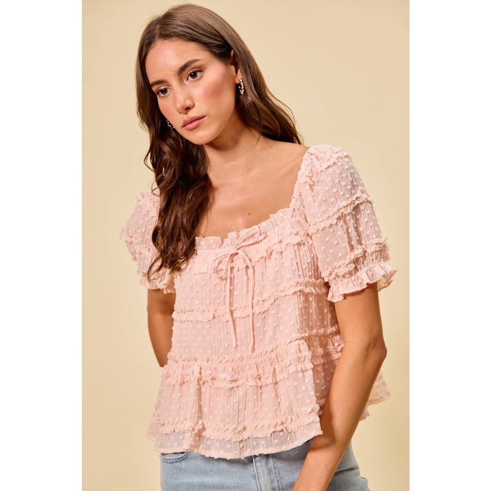 TEXTURED CLIP DOT RUFFLE SHORT SLEEVES BLOUSE TOP