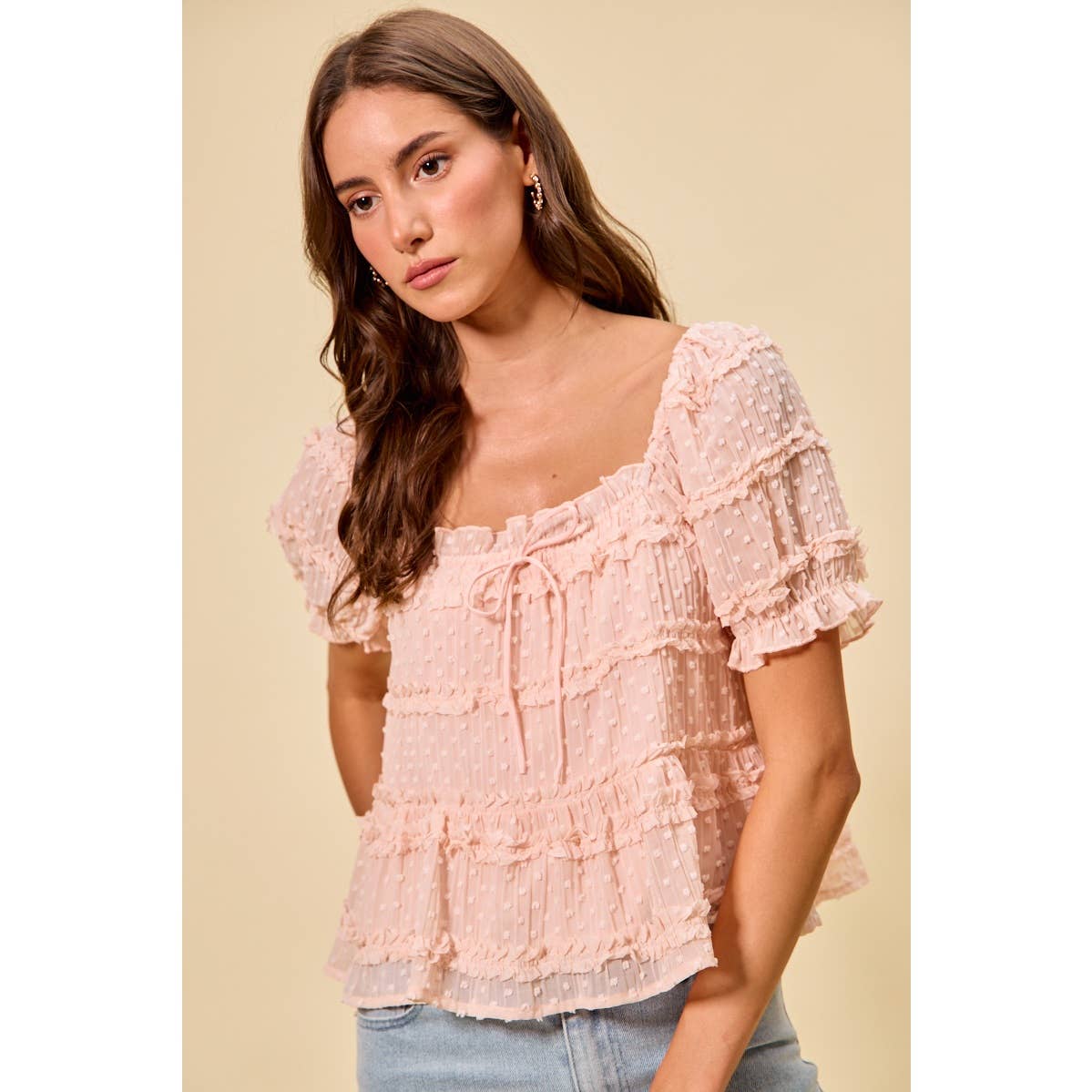 TEXTURED CLIP DOT RUFFLE SHORT SLEEVES BLOUSE TOP