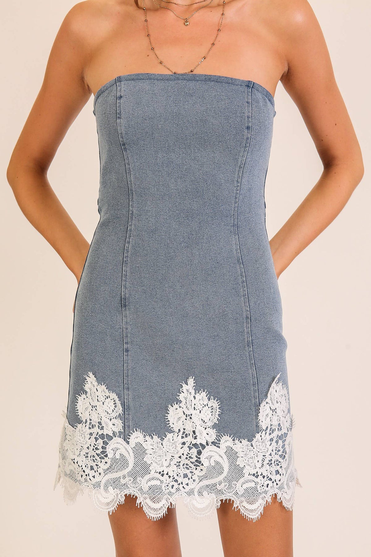 Lace Trim Denim Strapless Mini Dress