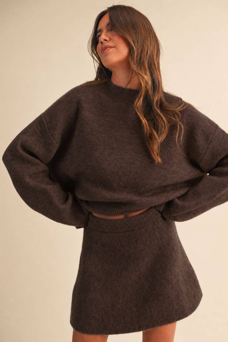 Long Sleeve Sweater Top and Flared Mini Skirt Set