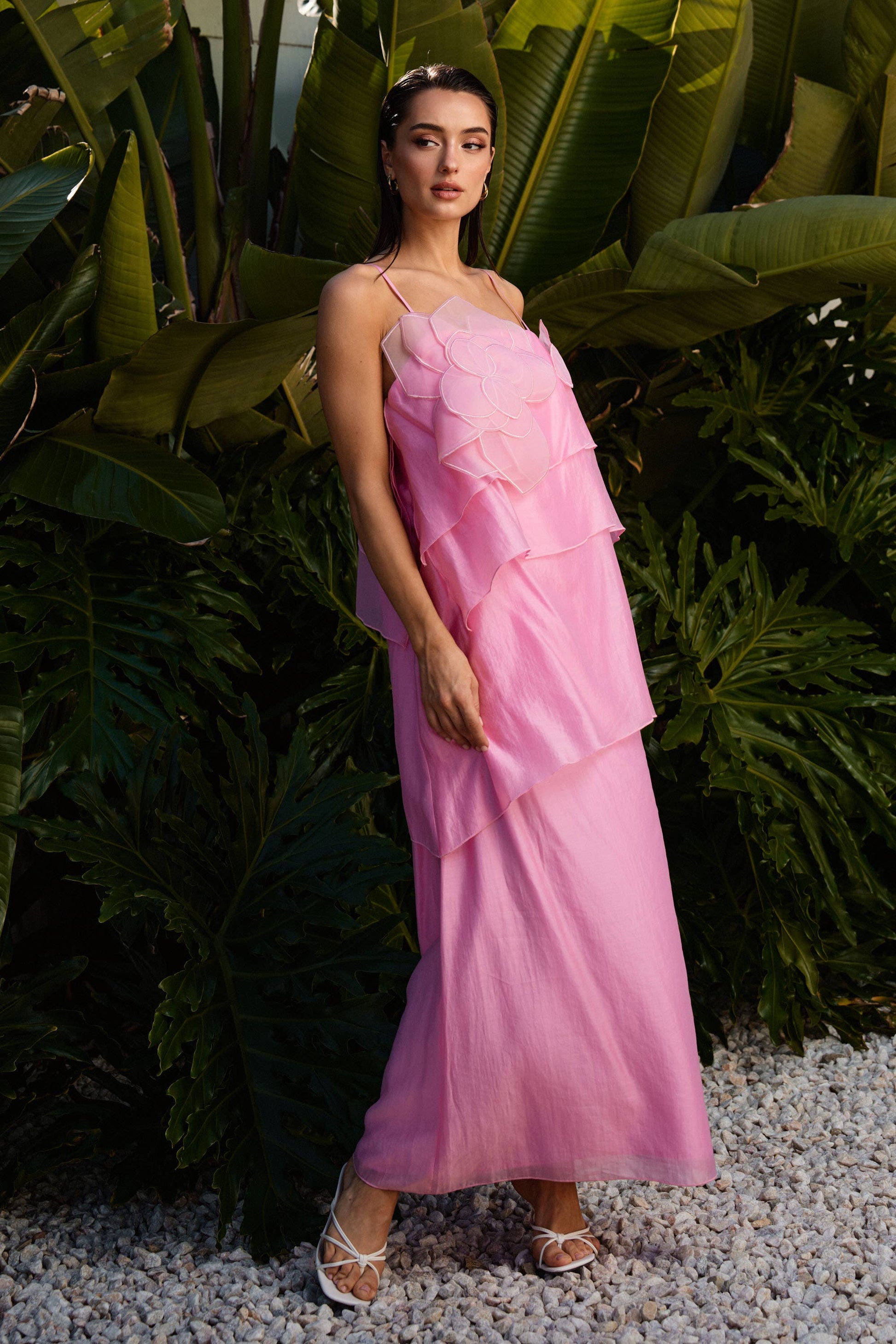 floral applique tiered maxi dress