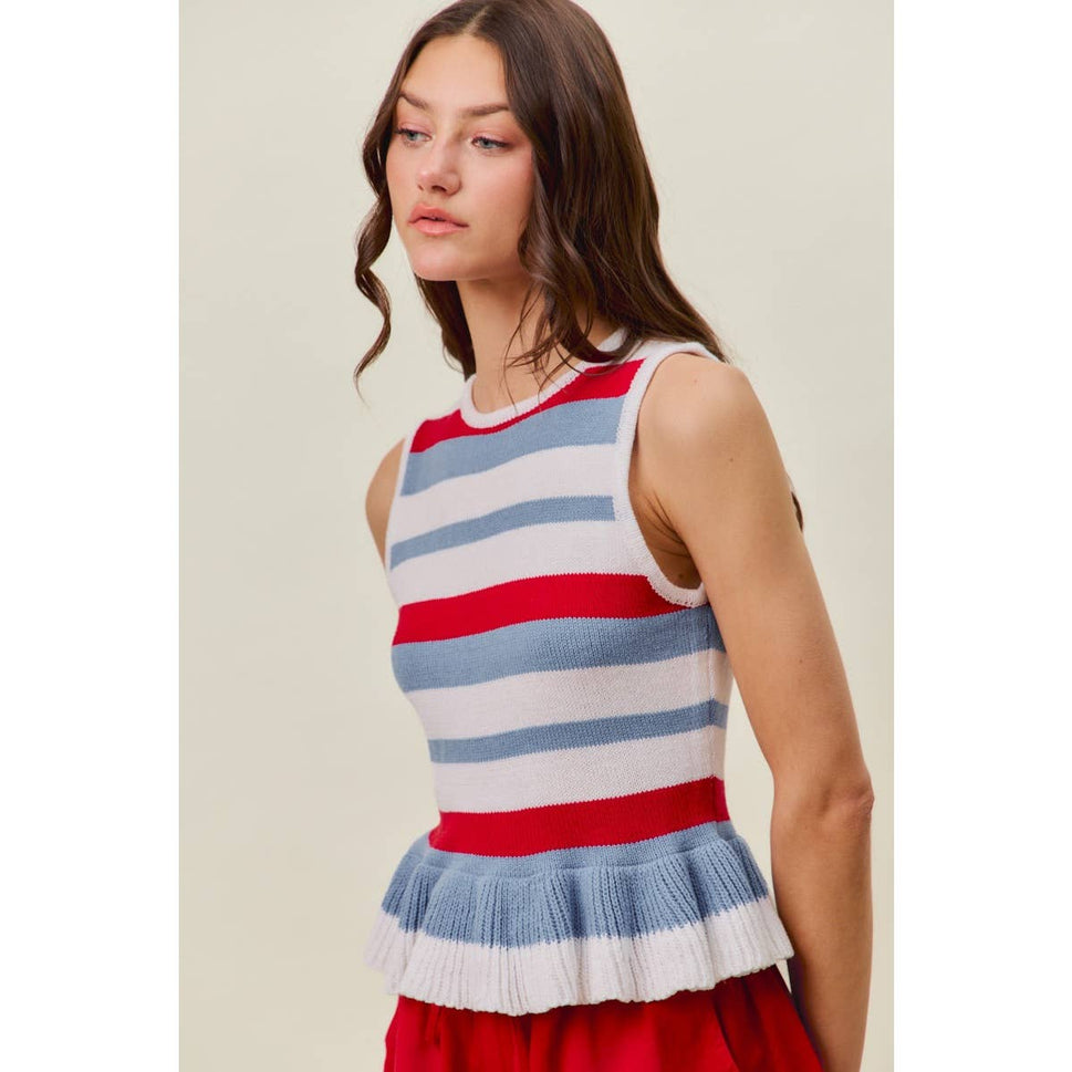 4TH OF JULY STRIPE RUFFLE BOTTOM SWEATER KNIT TOP