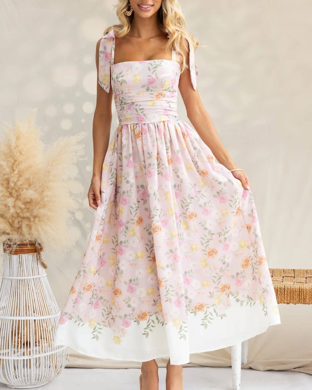 RESORT-INSPIRED FLORAL COLOR-BLOCK SLIP DRESS