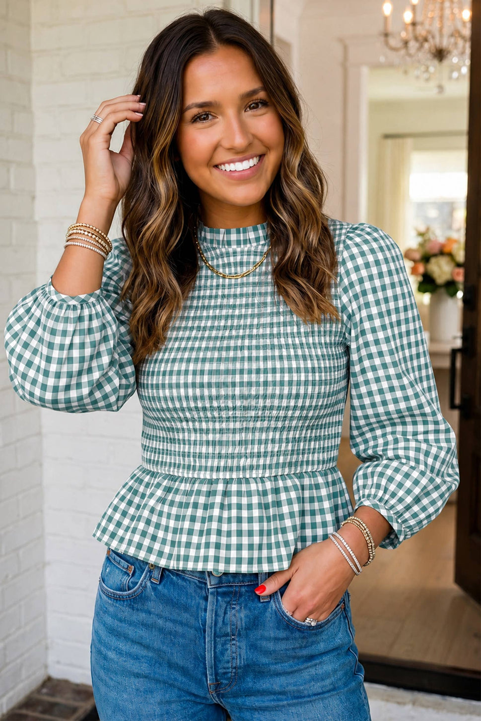 LAS Plaid Smocked Bubble Sleeve Casual Blouse