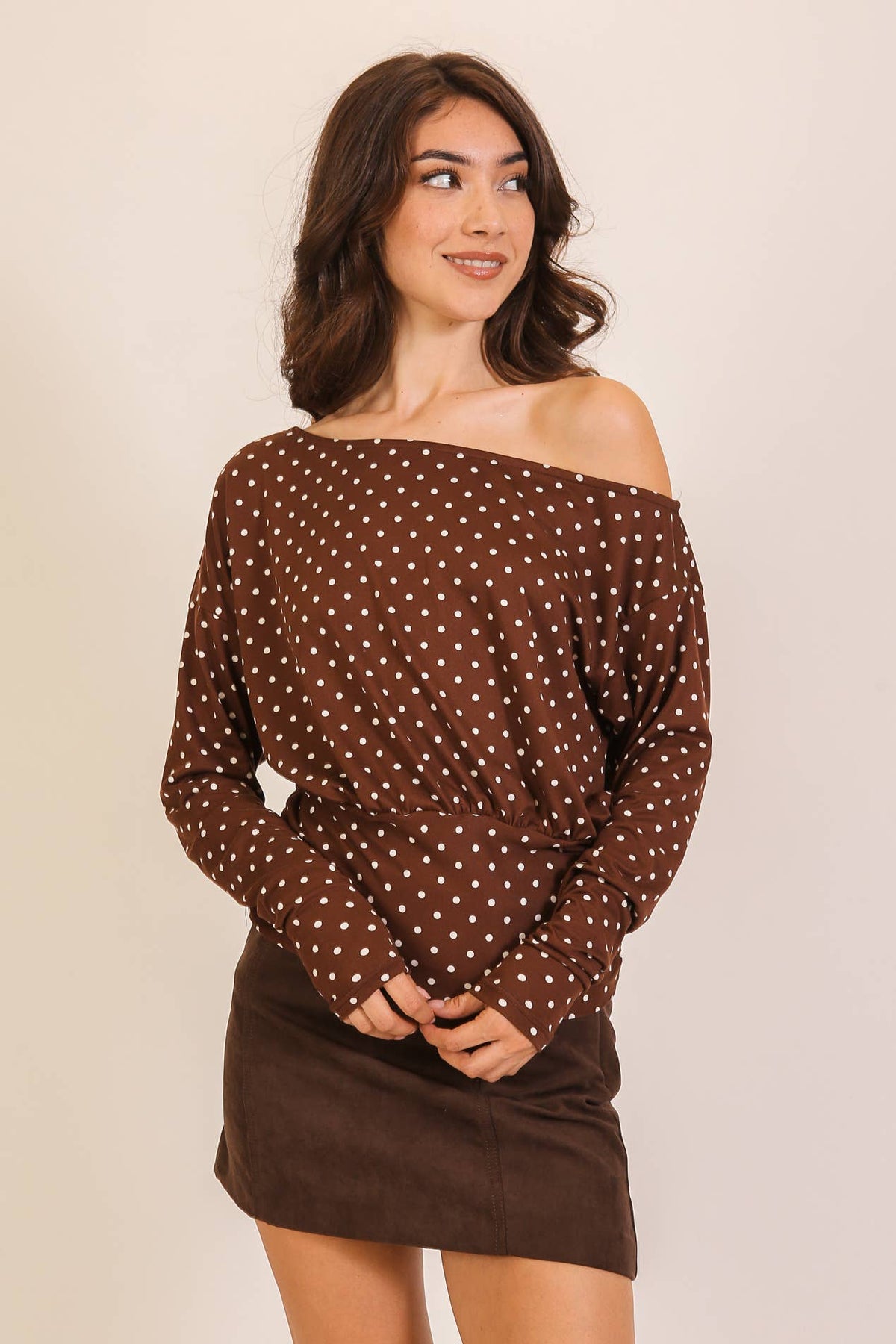 Polka Dot One-Shoulder Ruched Top