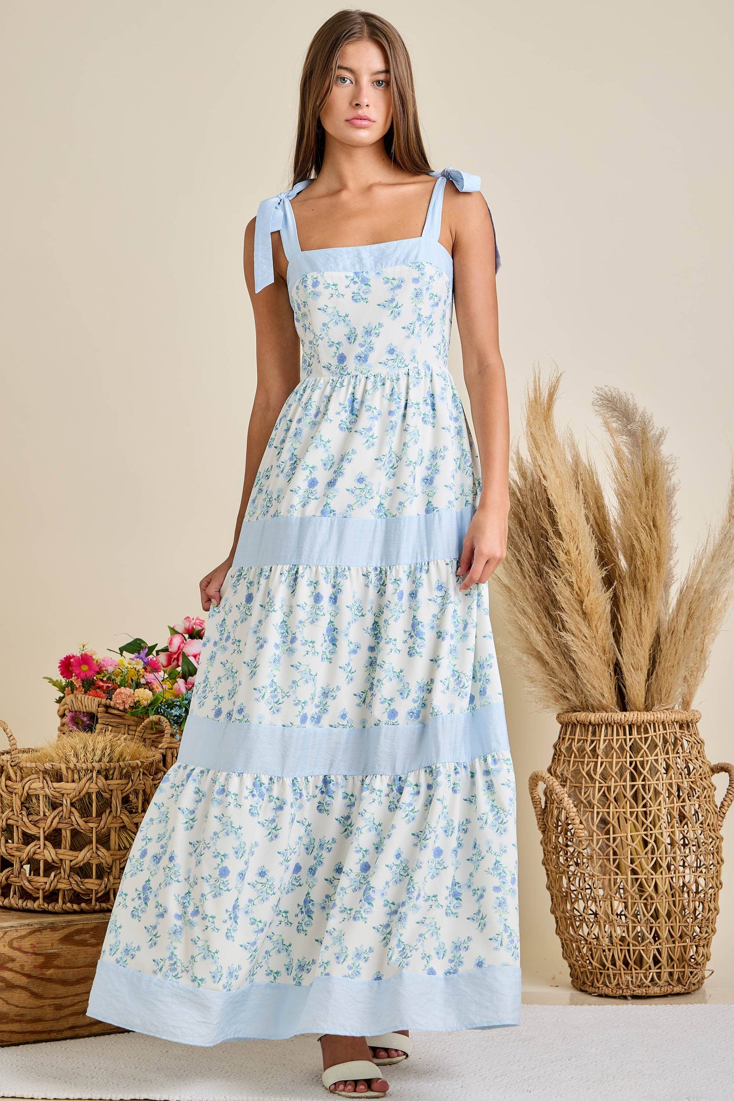 Floral Printed Maxi Shoulder Tie Dress