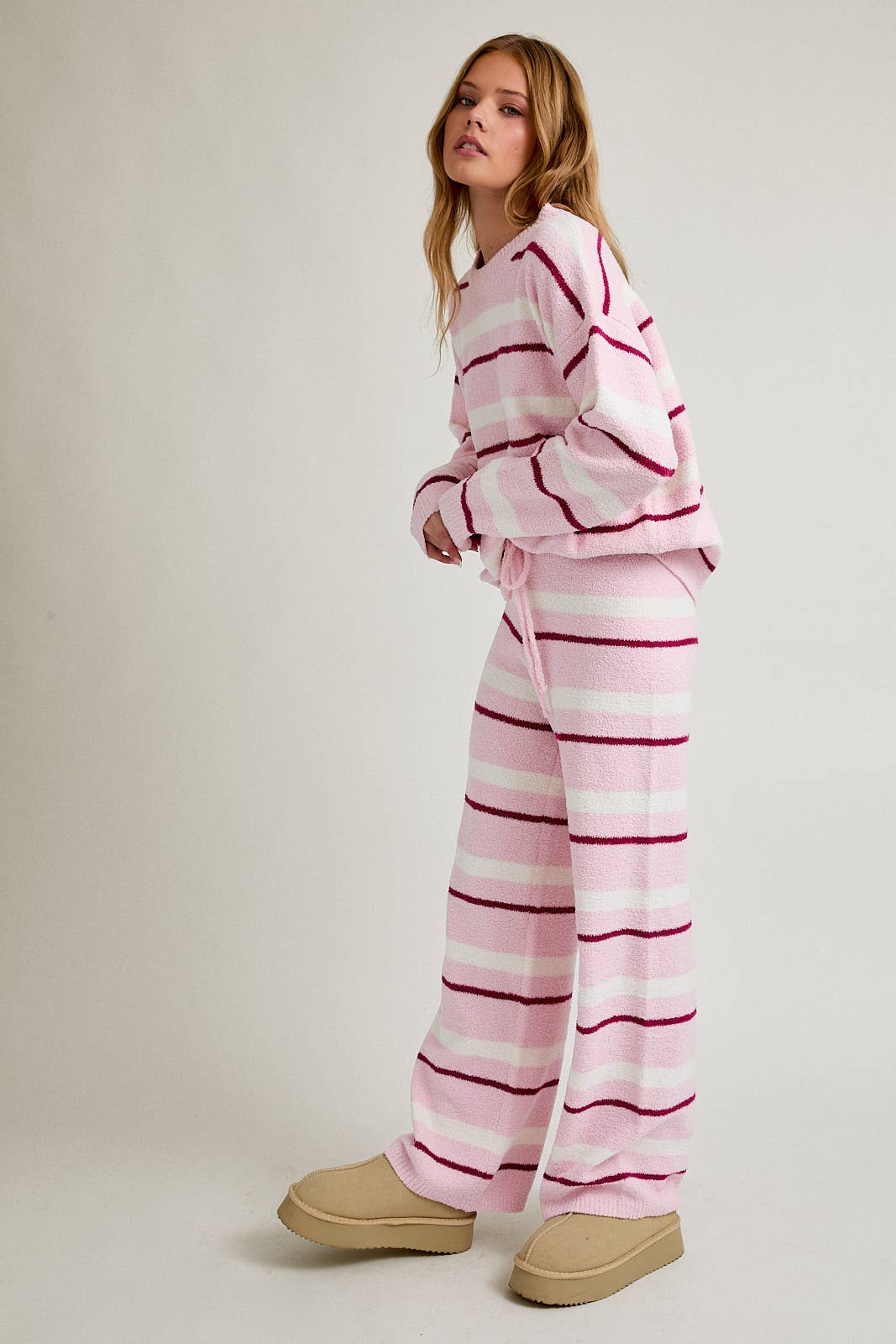 LONG SLEEVE STRIPE SWEATER TOP WITH WIDE LEG SWEATER PANTS