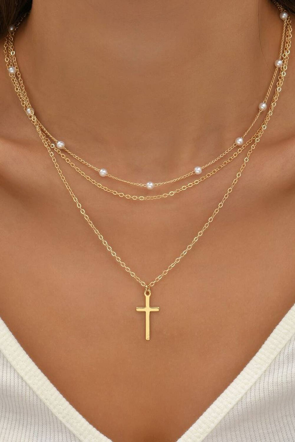 Plated Cross Pendant Pearl Decor Triple Layer Chain Necklace: Gold / Alloy