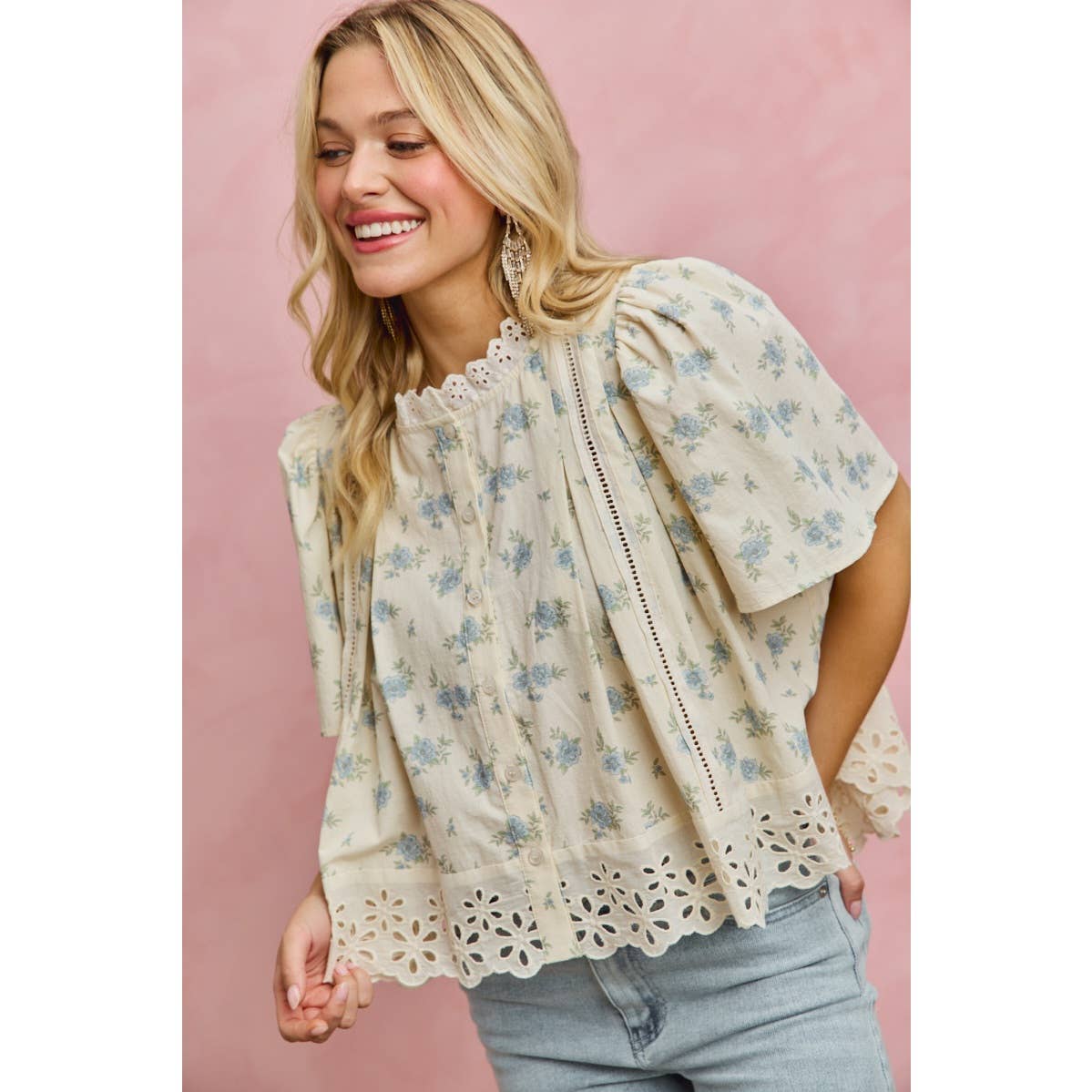 FLORAL PRINT LACE TRIM FLUTTER SLEEVES BLOUSE TOP