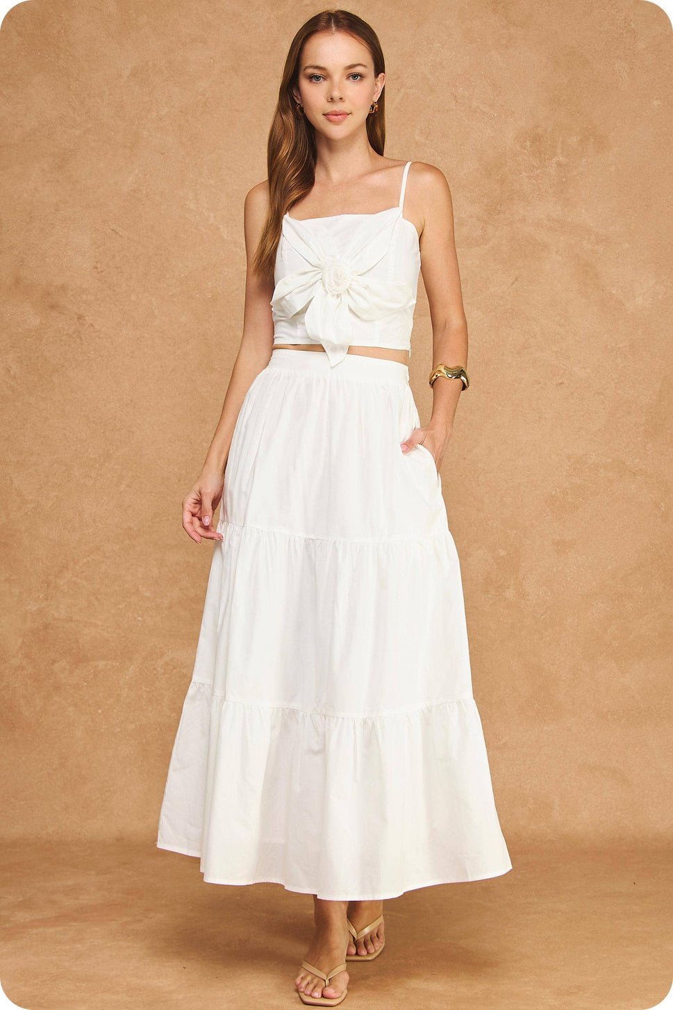 Flower Rosette Detail Crop Top & Tiered Midi Skirt Set