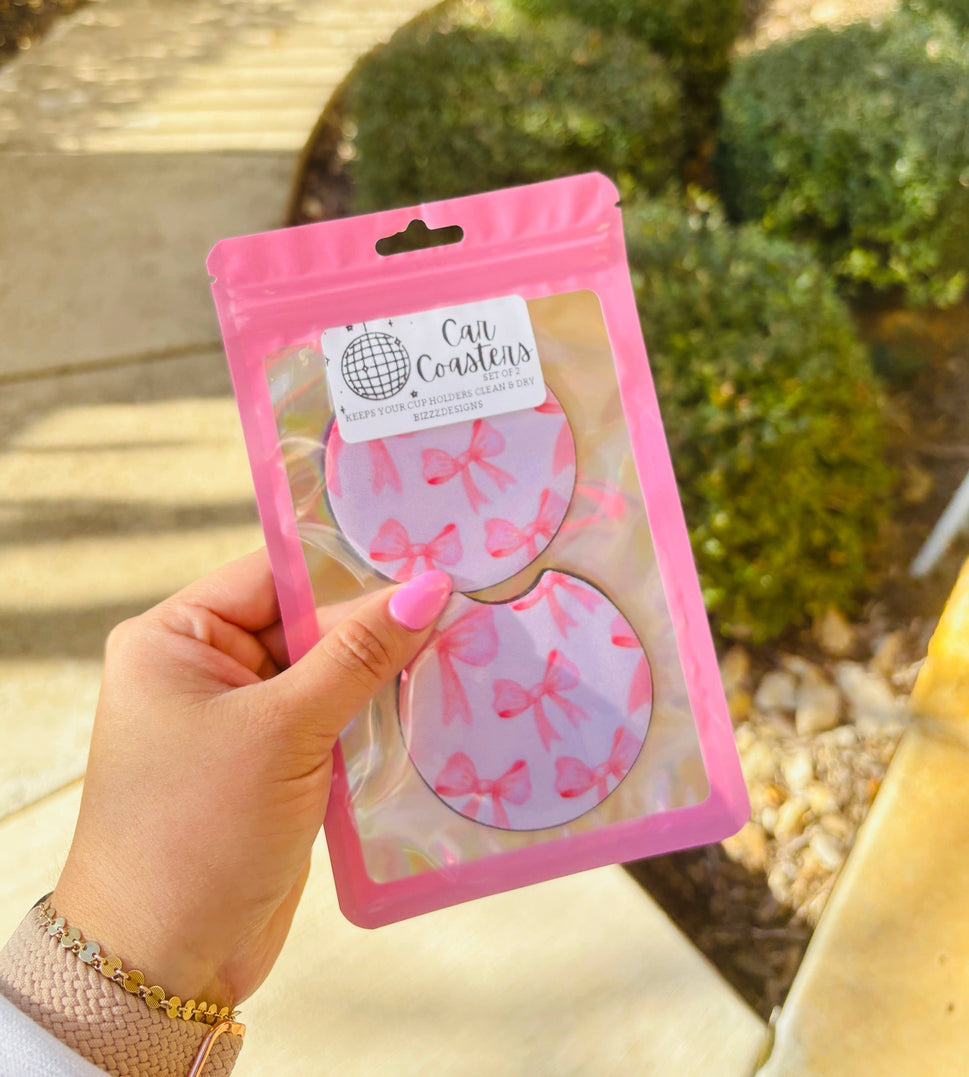 Pink Bow Coquette Car Coasters | Bow Car Coasters Set of 5