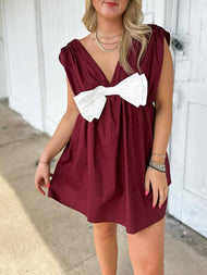 SWEET-V NECK LARGE WHITE BOW RUFFLED MINI DRESS
