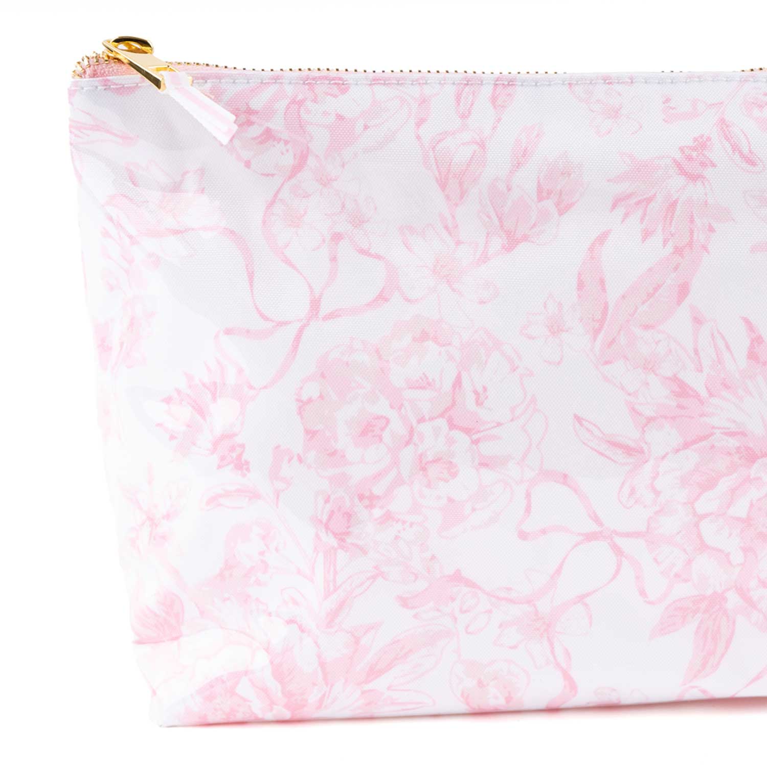 PINK BOW TOILE CLEAR COATED TRAVEL COSMETIC BAG CASE