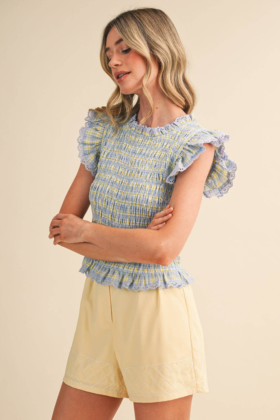 *Pink Plaid Smocked Lace Trim Top