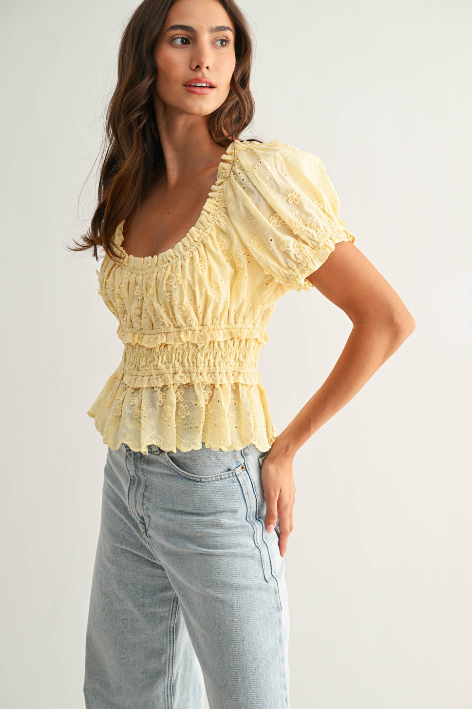 Embroidered Peplum Blouse LT Blue