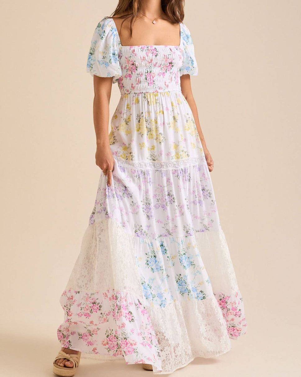 SWEET PUFF SLEVE FLORAL PRINT LACE SPLICING SWING DRESS