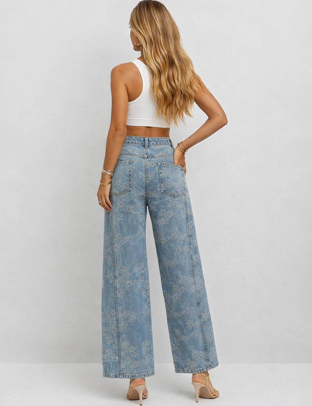 Ladies Floral Jacquard Button Pocket Wide Leg Denim Pants