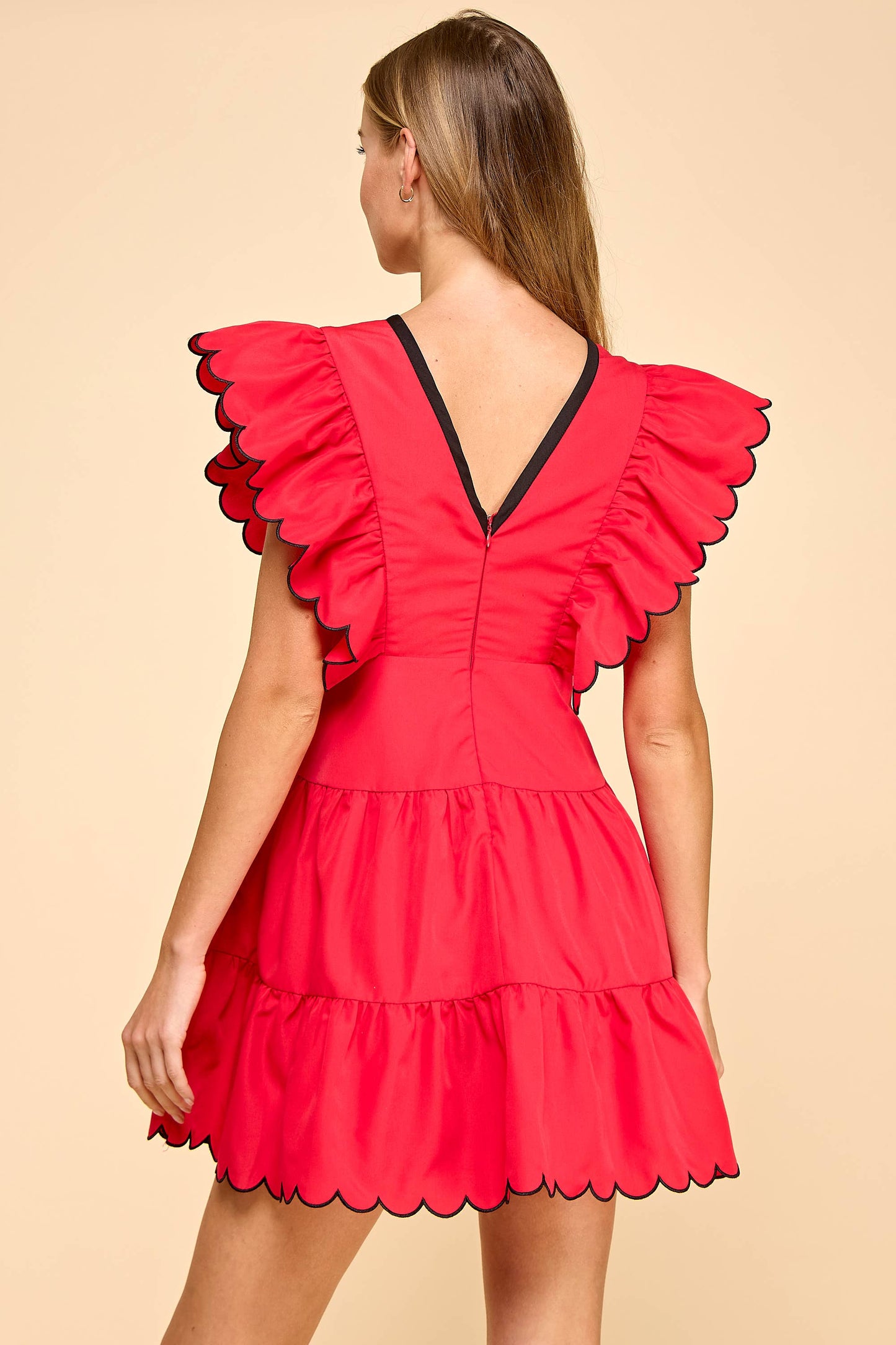 V NECKLINE BOW DETAIL SCALLOPED DRESS