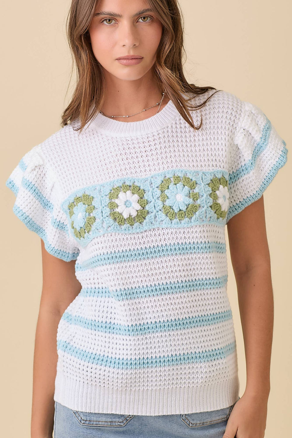 Crochet Flower Stripe Short Sleeve Knit Top Ready to Ship