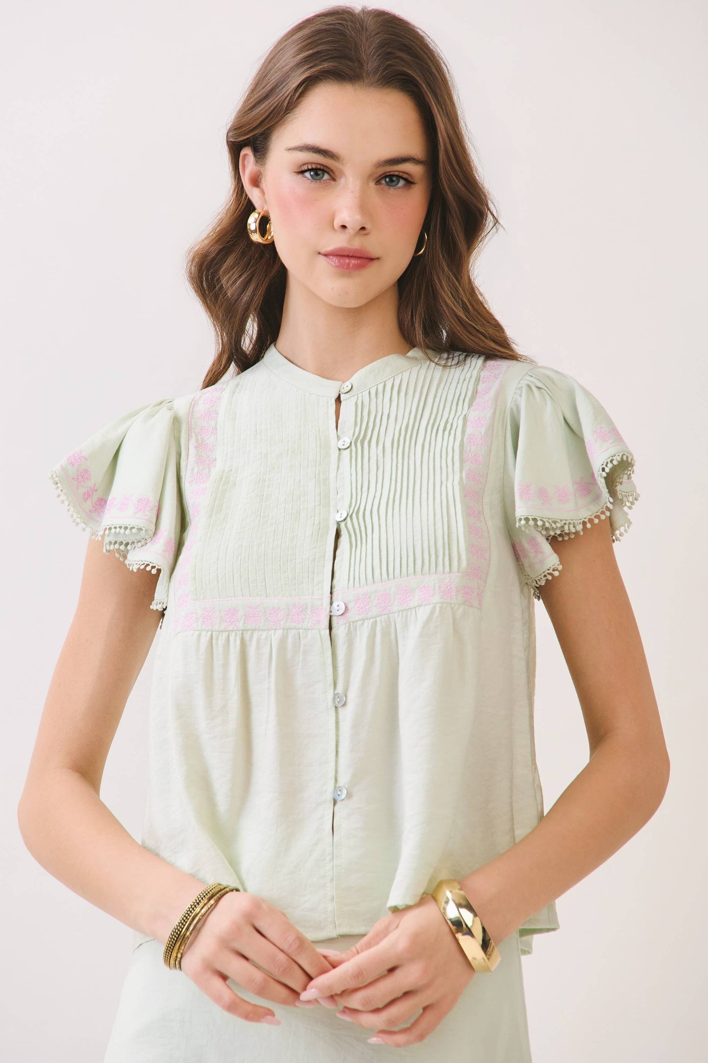 Embroidered Ruffle Trim Detail Button Down Sleeve Top