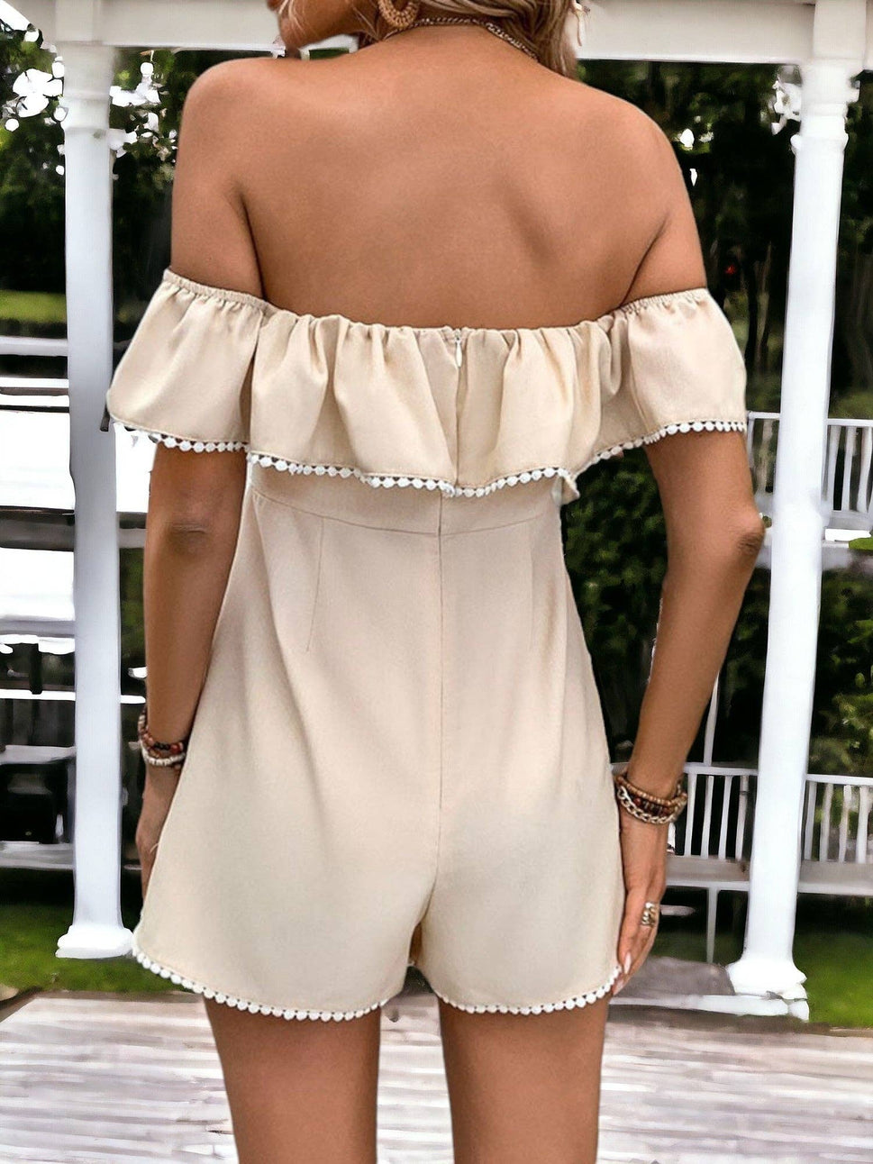 RUFFLED OFF SHOULDER JUMPSUIT W/ RIBBON TIE WAIST