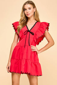 V NECKLINE BOW DETAIL SCALLOPED DRESS