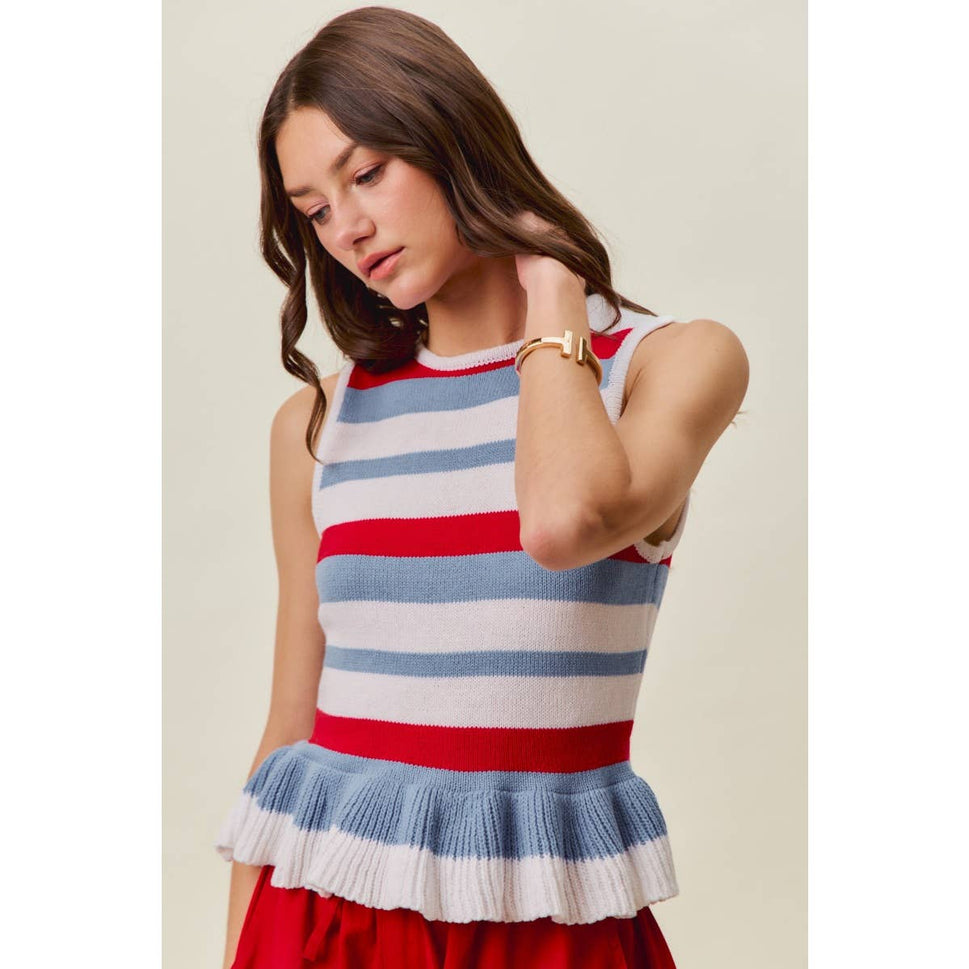 4TH OF JULY STRIPE RUFFLE BOTTOM SWEATER KNIT TOP