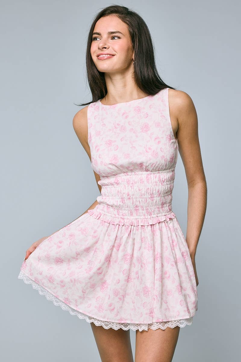 PASTEL FLORAL BOAT NECK FIT & FLARE MINI DRESS: PASTEL PK FL / S