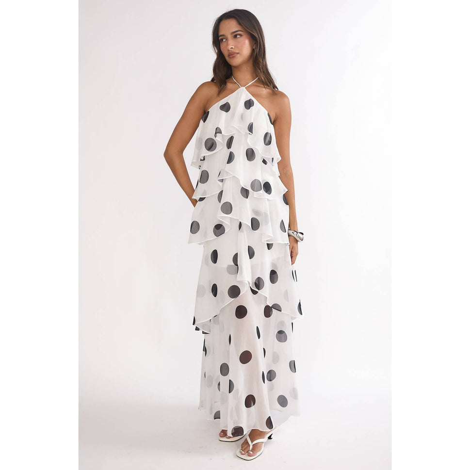 HALTER POLKA DOT TIERED MAXI DRESS: WHITE
