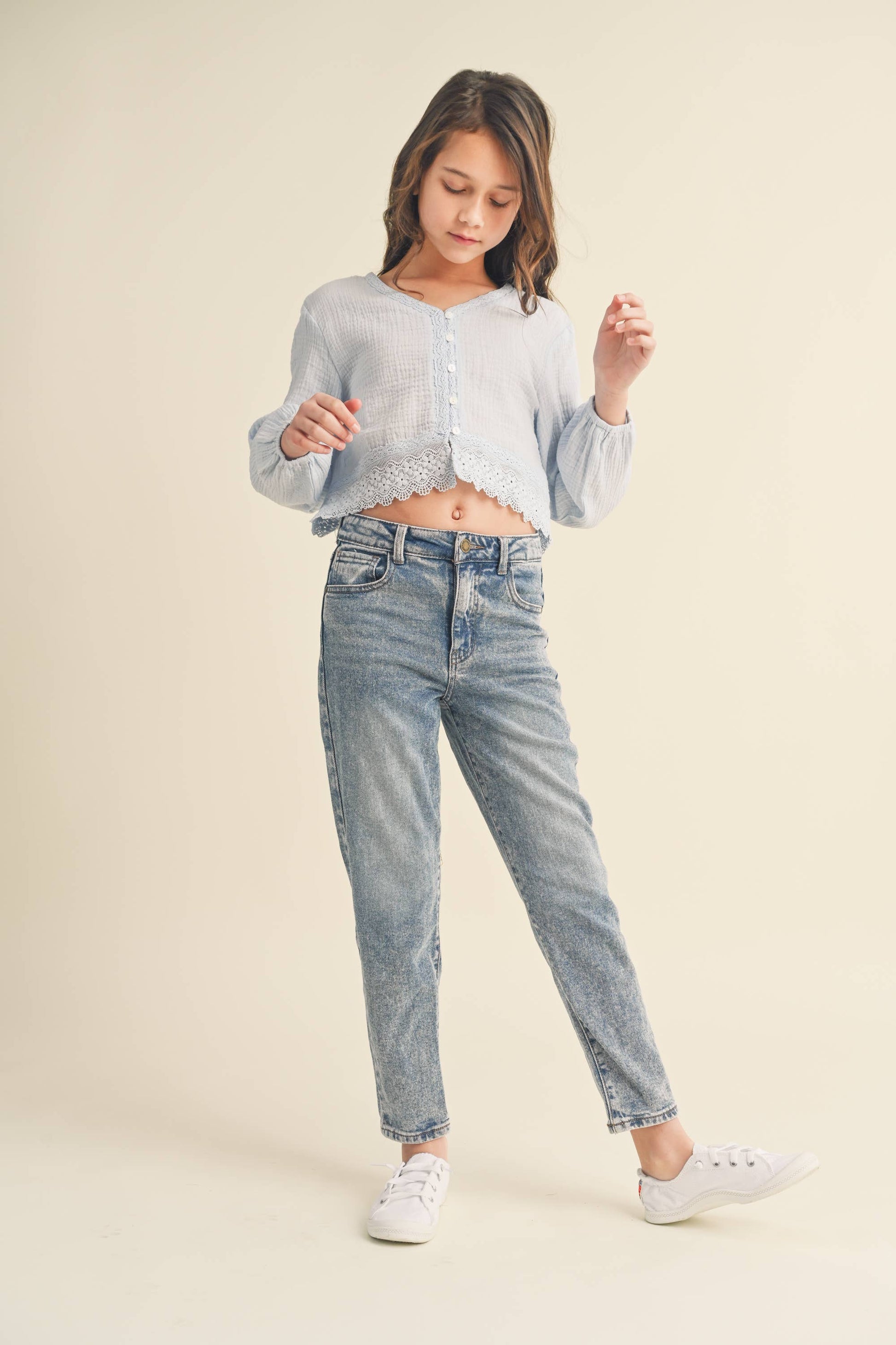 TWEEN KIDS GIRLS LONG SLEEVE BUTTON DOWN CROPPED TOP