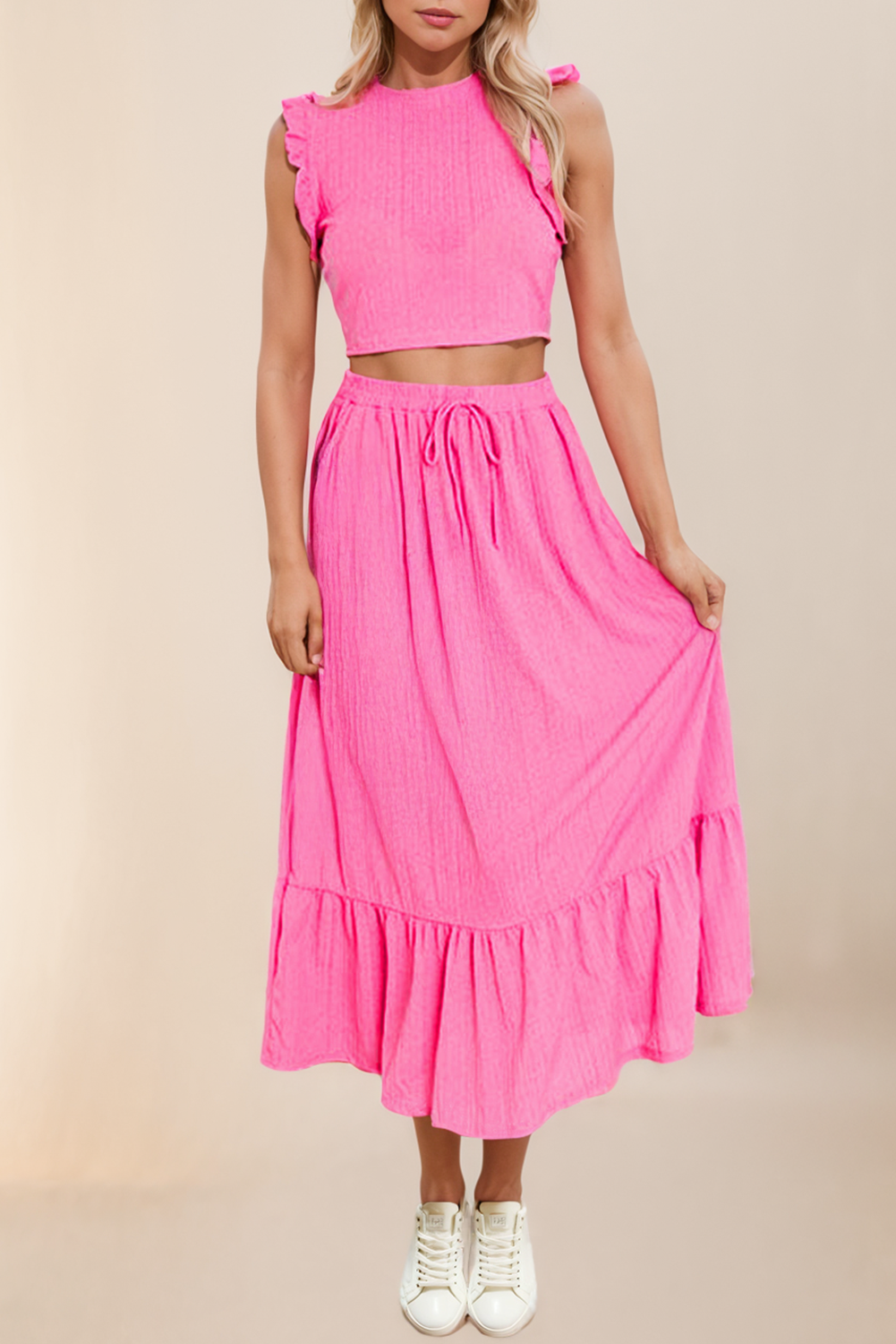Textured Ruffle Trim Crop Vest Lace-up Long Skirt Set
