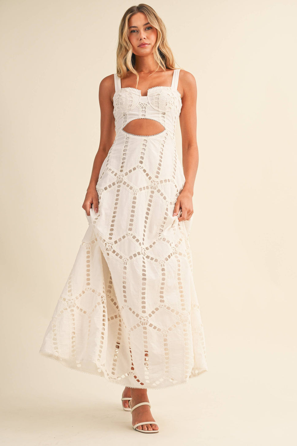 ID10399 EMBROIDERED CUTWORK BUSTIER FLARE LONG DRESS