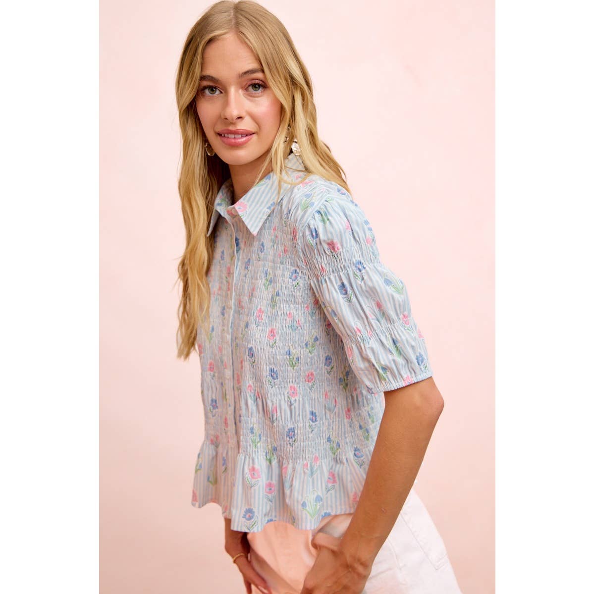 STRIPES AND FLORAL SHORT SLEEVE SHIRRED BLOUSE TOP