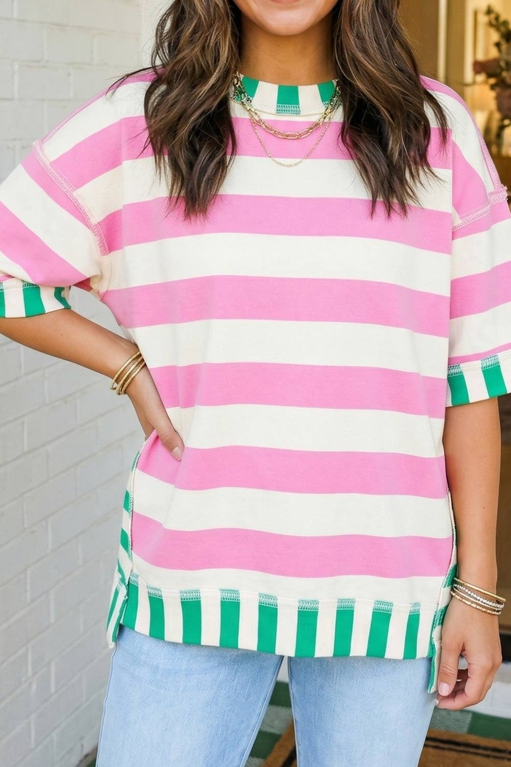 LAS Stripe Exposed Seam Patchwork Top