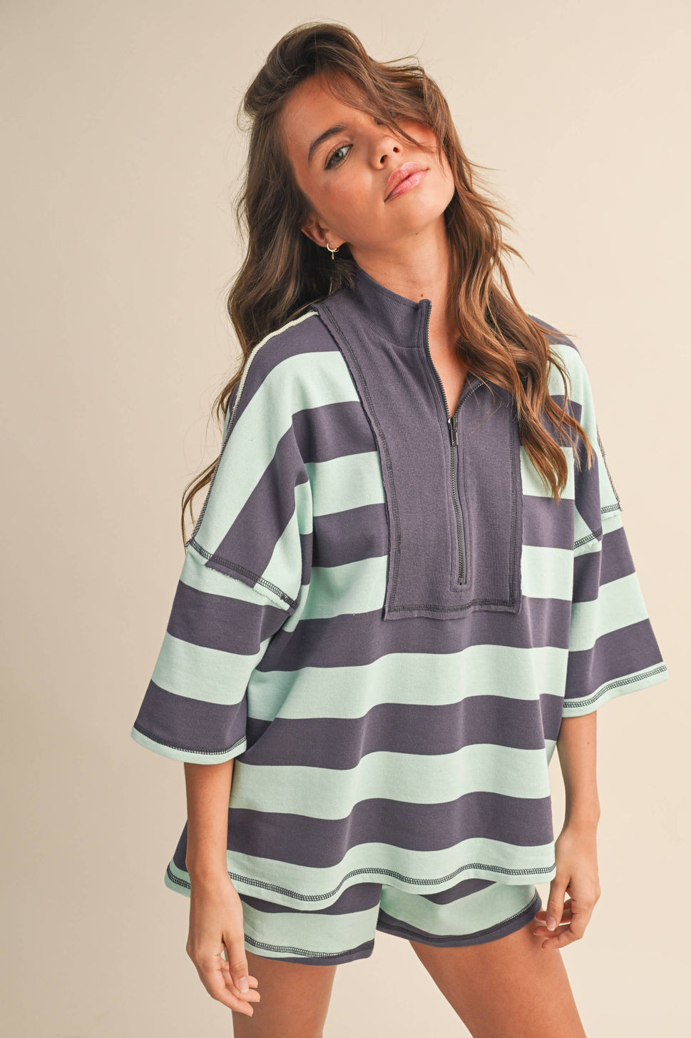 STRIPED HALF ZIP TOP AND SHORTS SET