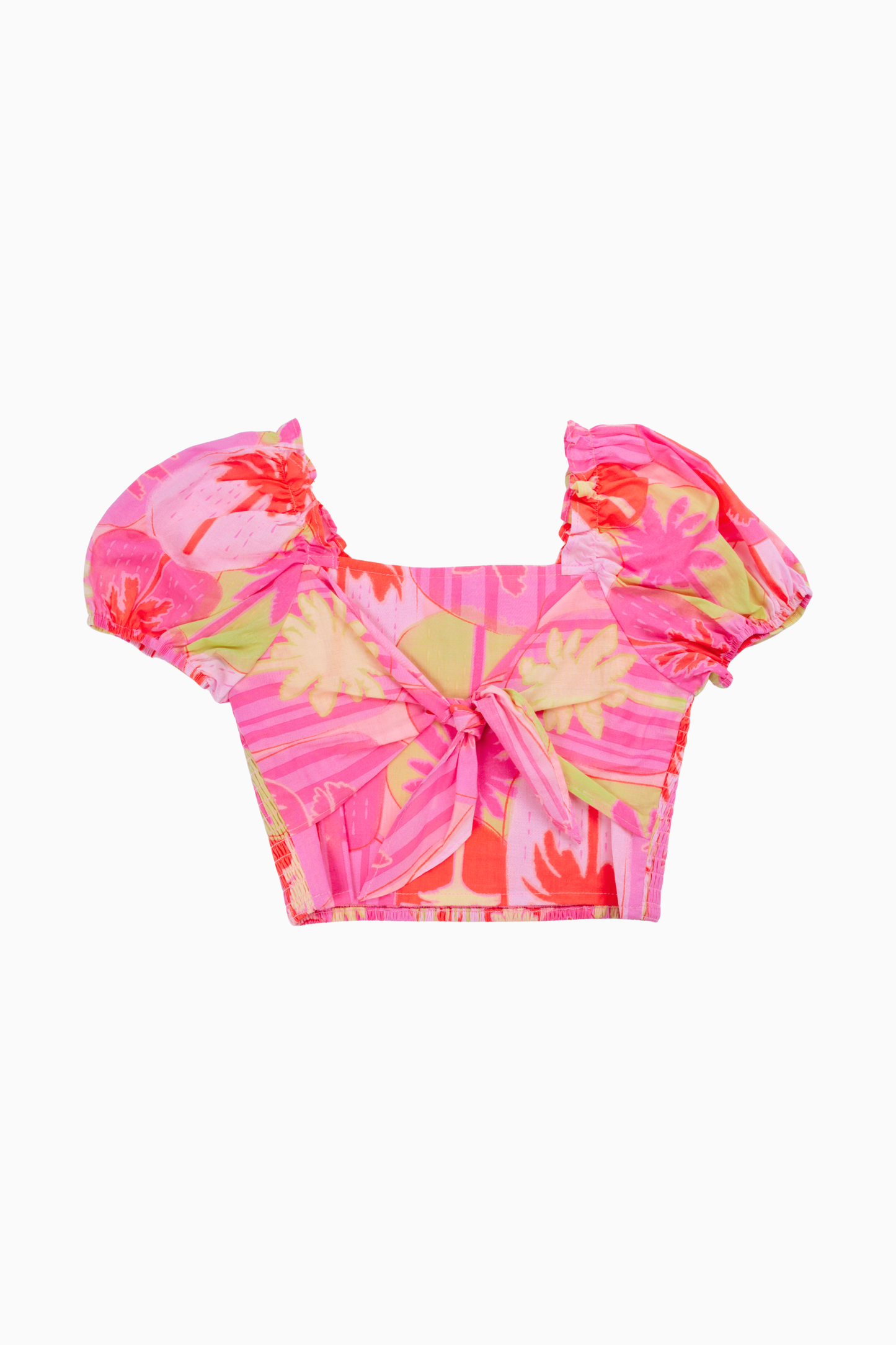 The Cara Tie Tween Top - Pink Tropical Puff Sleeves Ruched