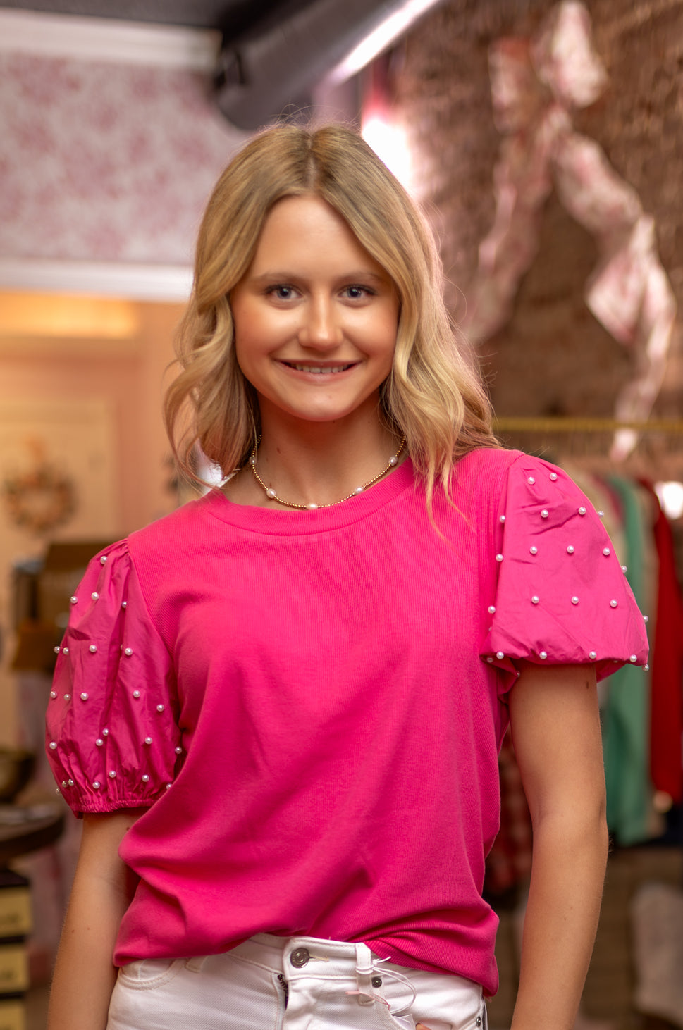 HOT PINK PUFFED PEARL SLEEVE TOP