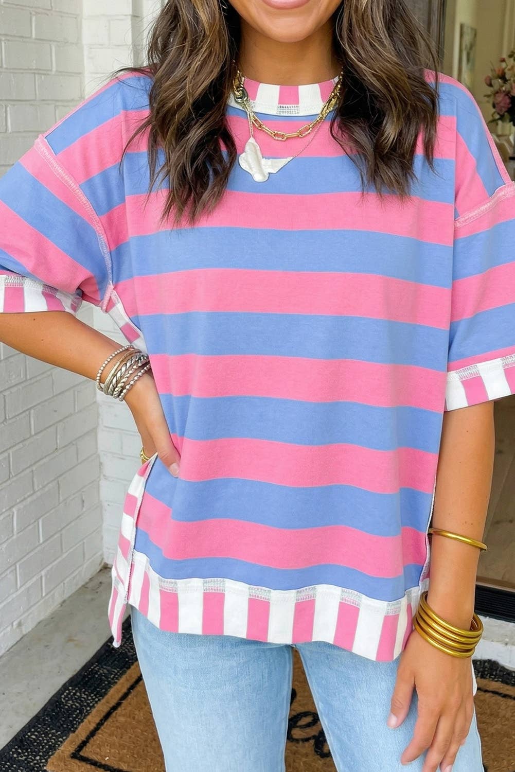 LAS Stripe Exposed Seam Patchwork Top