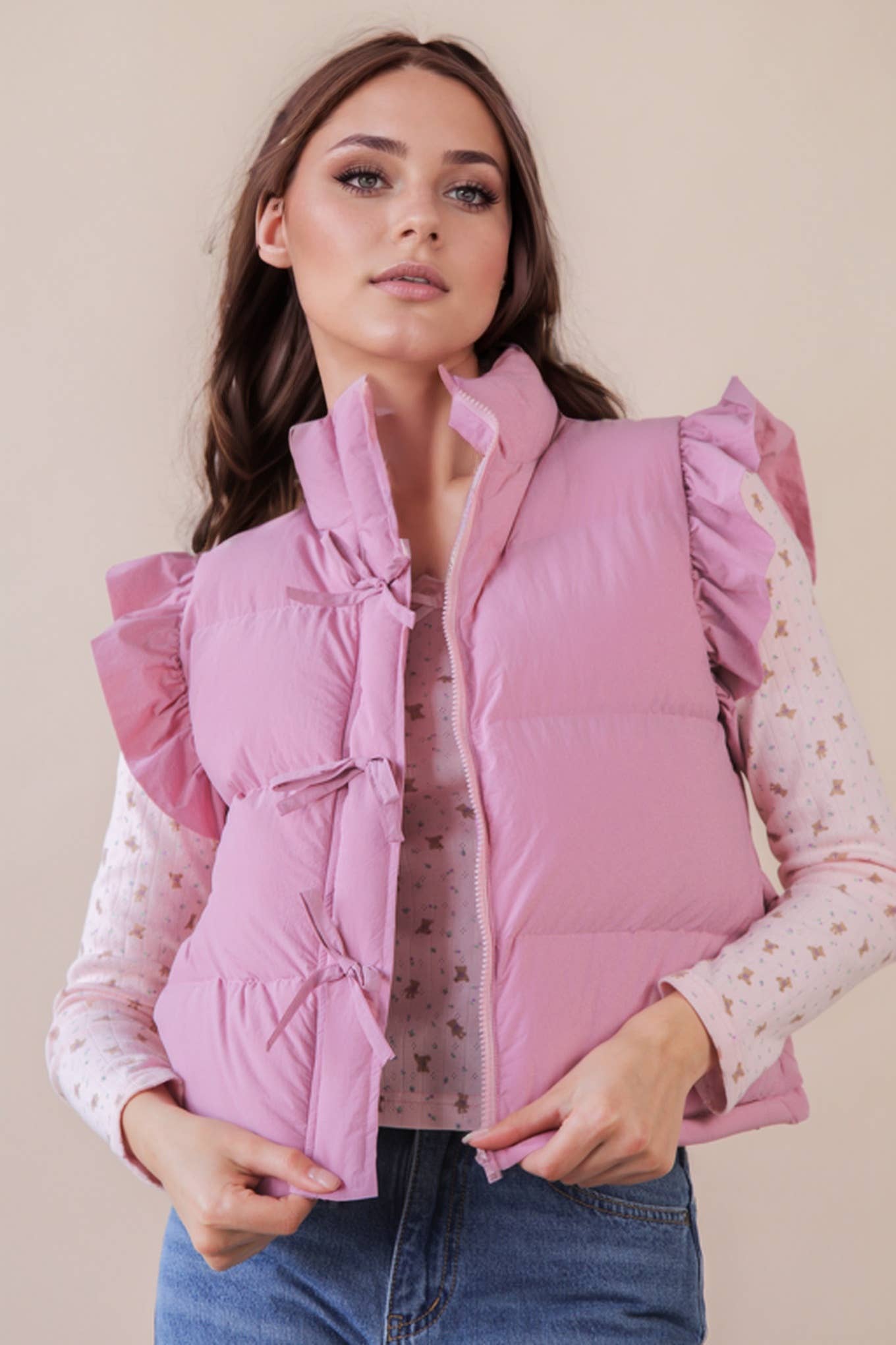 FRONT ROW RUFFLE SLEEVE PUFFER VEST