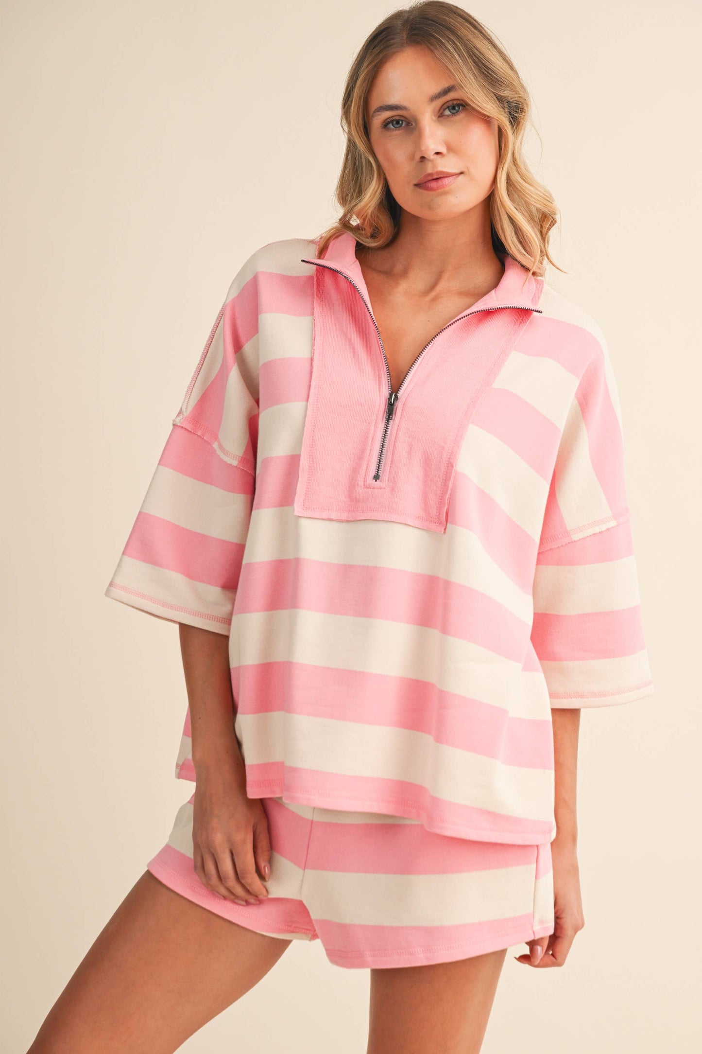 STRIPED HALF ZIP TOP AND SHORTS SET
